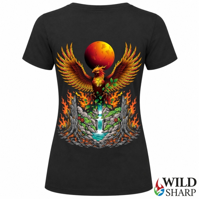T-shirt femme, dos phénix, logo couleurs
